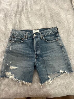 Agolde Distressed Medium Blue Denim Jean Shorts Parker long